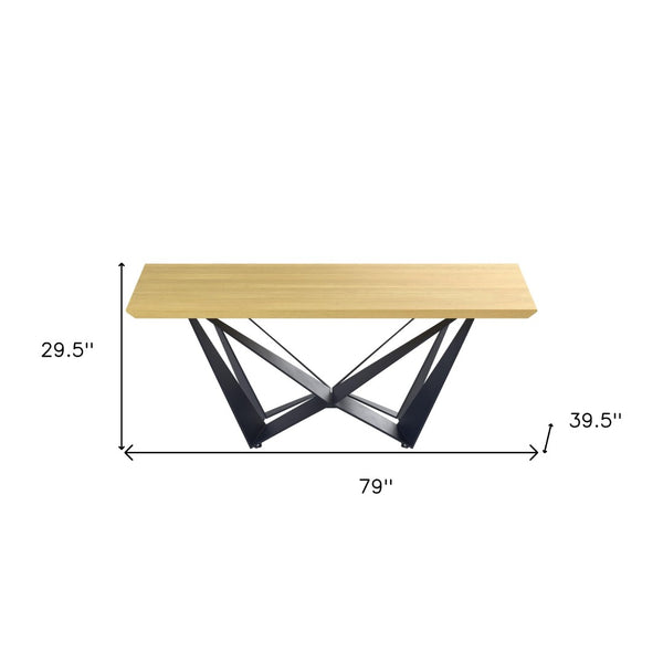 HomeRoots 79" Stylish Two-Tone Trestle Dining Table with Natural Wood and Black Metal Base, Seats 6 Comfortably 555164