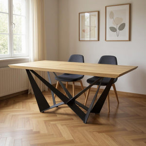 HomeRoots 79" Stylish Two-Tone Trestle Dining Table with Natural Wood and Black Metal Base, Seats 6 Comfortably 555164