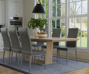 HomeRoots 71" Gray Wood and Metal Self-Storing Leaf Dining Table - Stylish Expandable Pedestal Design for 8 555165