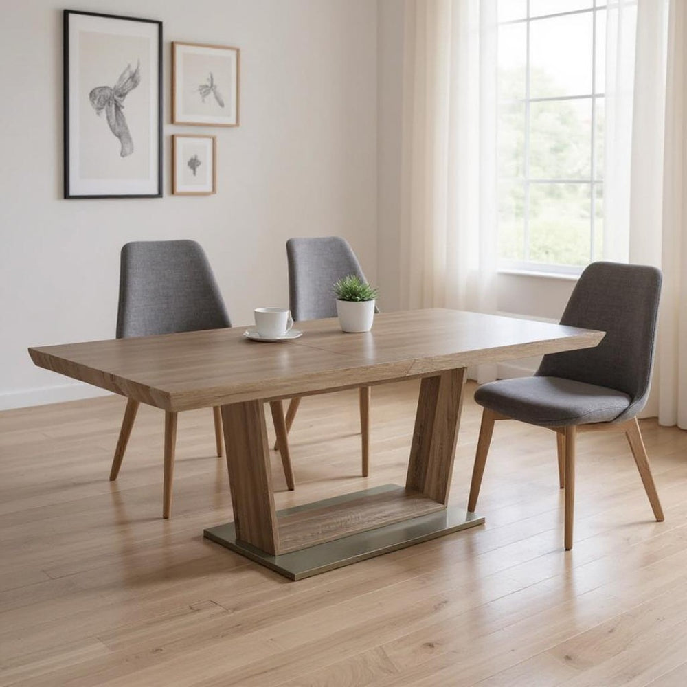 HomeRoots 71" Gray Wood and Metal Self-Storing Leaf Dining Table - Stylish Expandable Pedestal Design for 8 555165