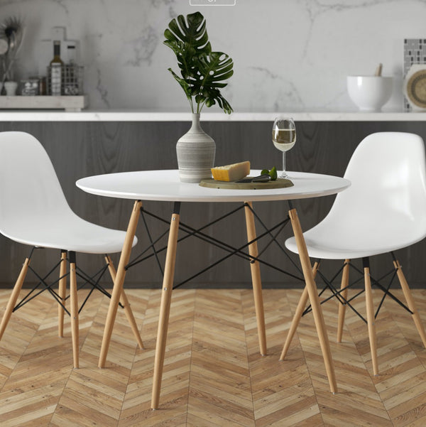 HomeRoots 36" Modern Two-Tone Round Dining Table with White Top & Natural Wood Base, Seats 6, Eco-Friendly Design 555168