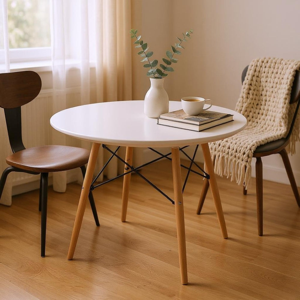 HomeRoots 36" Modern Two-Tone Round Dining Table with White Top & Natural Wood Base, Seats 6, Eco-Friendly Design 555168