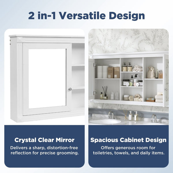 English Elm 55 Inch Wall Mount Medicine Cabinet Dual Mirrored Doors Soft Close Bathroom Vanity Storage White N710P401342K