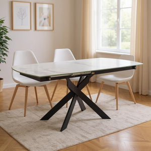 HomeRoots 47" Oval Extendable Dining Table with Self-Storing Leaves – Modern Gray White Ceramic & Metal Design 555171