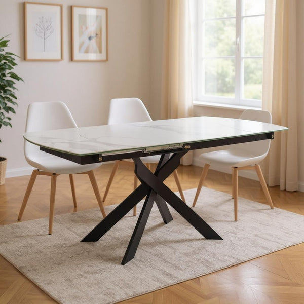 HomeRoots 47" Oval Extendable Dining Table with Self-Storing Leaves – Modern Gray White Ceramic & Metal Design 555171