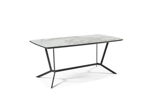 HomeRoots 63" Contemporary Gray and White Ceramic Dining Table with Stylish Black Metal Base for 6 People 555172