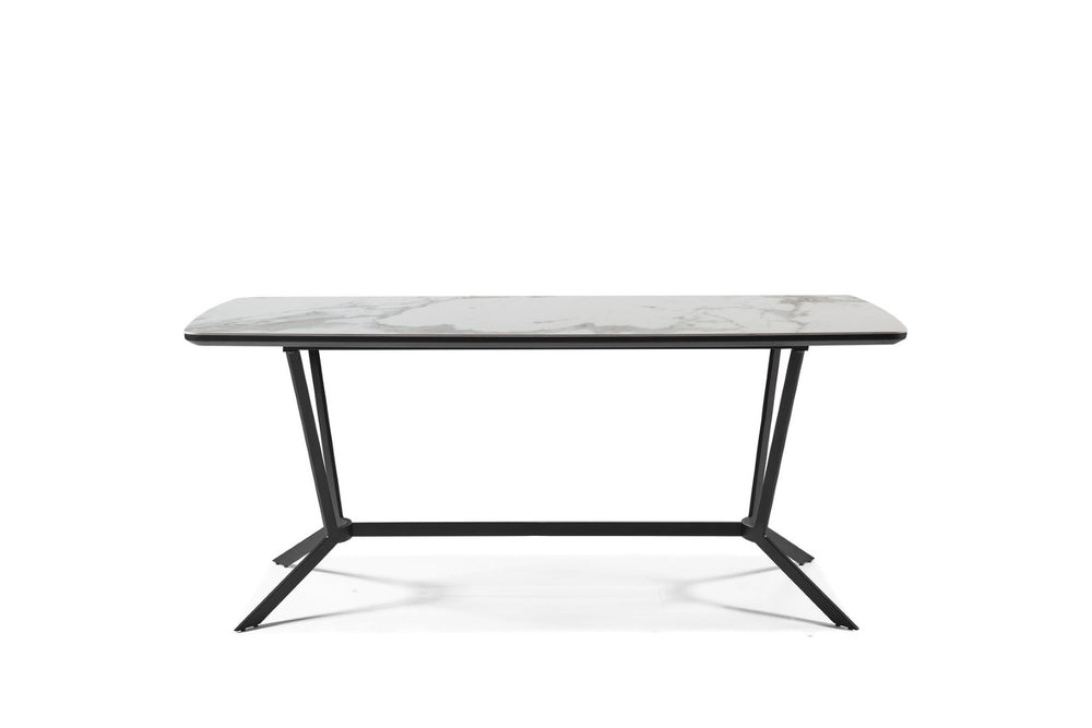 HomeRoots 63" Contemporary Gray and White Ceramic Dining Table with Stylish Black Metal Base for 6 People 555172