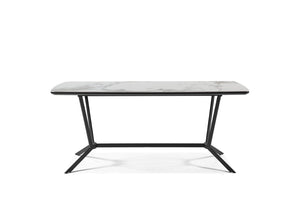 HomeRoots 63" Contemporary Gray and White Ceramic Dining Table with Stylish Black Metal Base for 6 People 555172