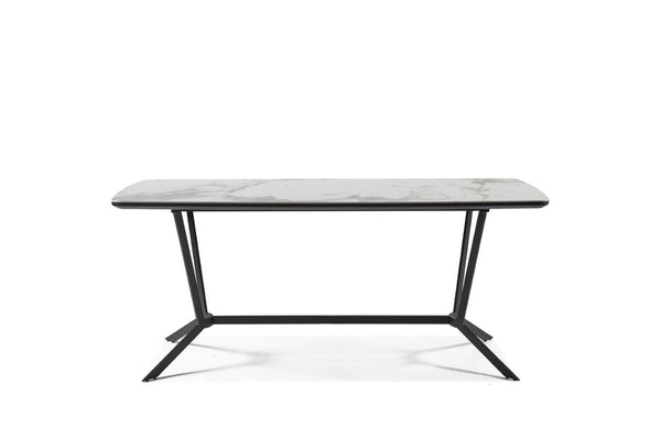 HomeRoots 63" Contemporary Gray and White Ceramic Dining Table with Stylish Black Metal Base for 6 People 555172