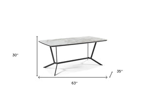 HomeRoots 63" Contemporary Gray and White Ceramic Dining Table with Stylish Black Metal Base for 6 People 555172