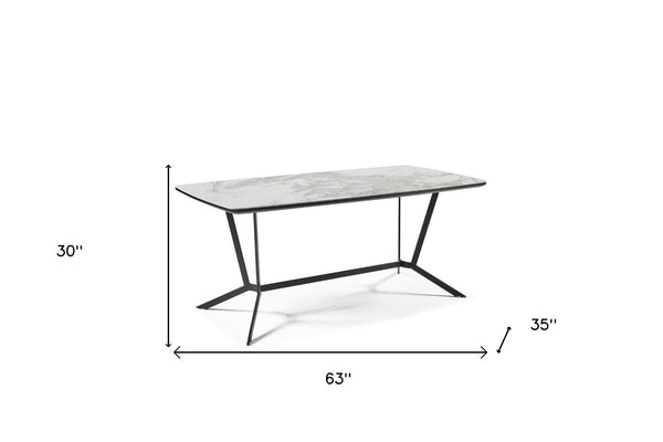 HomeRoots 63" Contemporary Gray and White Ceramic Dining Table with Stylish Black Metal Base for 6 People 555172