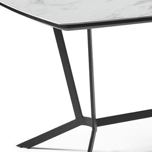 HomeRoots 63" Contemporary Gray and White Ceramic Dining Table with Stylish Black Metal Base for 6 People 555172