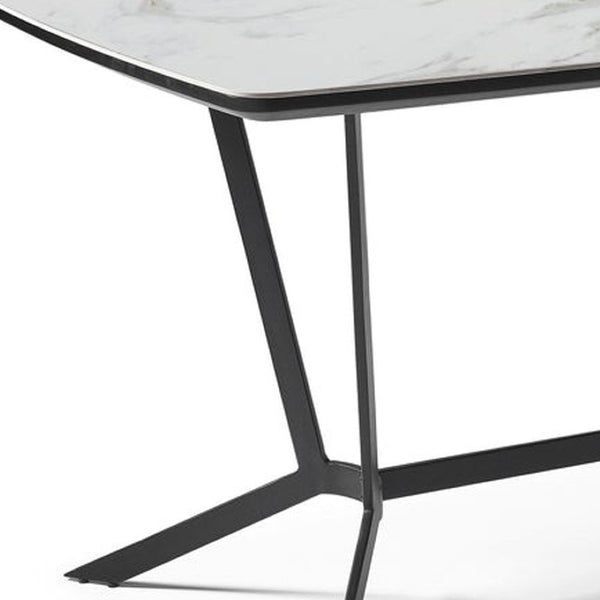 HomeRoots 63" Contemporary Gray and White Ceramic Dining Table with Stylish Black Metal Base for 6 People 555172