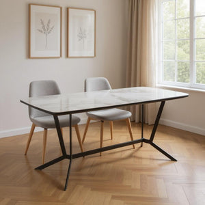 HomeRoots 63" Contemporary Gray and White Ceramic Dining Table with Stylish Black Metal Base for 6 People 555172