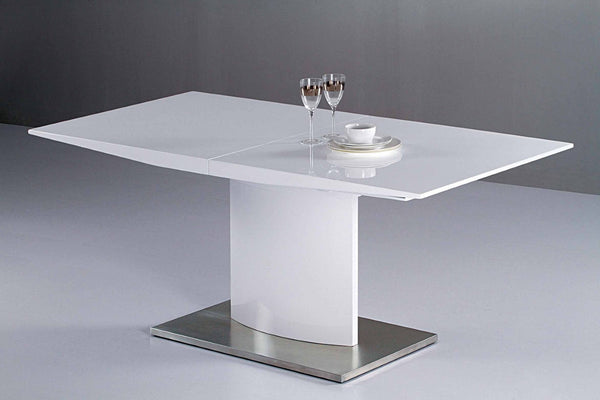 HomeRoots 63" White Metal Pedestal Dining Table with Self-Storing Leaf - Modern, Stylish & Versatile Centerpiece 555173