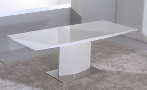 HomeRoots 63" White Metal Pedestal Dining Table with Self-Storing Leaf - Modern, Stylish & Versatile Centerpiece 555173