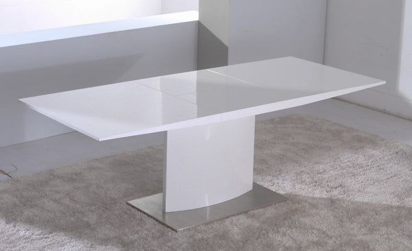 HomeRoots 63" White Metal Pedestal Dining Table with Self-Storing Leaf - Modern, Stylish & Versatile Centerpiece 555173
