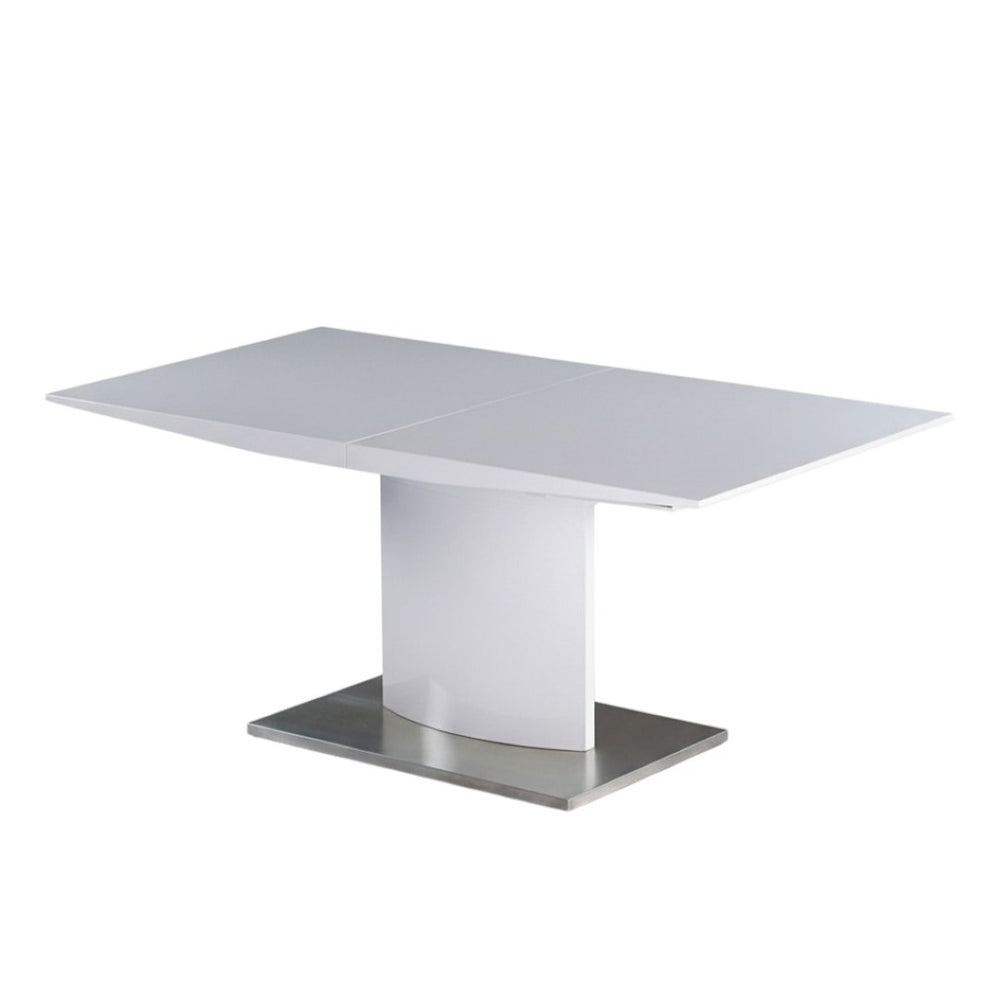 HomeRoots 63" White Metal Pedestal Dining Table with Self-Storing Leaf - Modern, Stylish & Versatile Centerpiece 555173