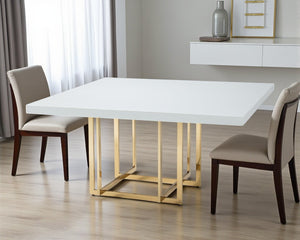 HomeRoots 59" Elegant White and Gold Square Pedestal Dining Table - Modern Design for Stylish Entertaining 555174