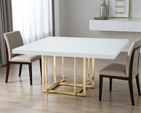 HomeRoots 59" Elegant White and Gold Square Pedestal Dining Table - Modern Design for Stylish Entertaining 555174
