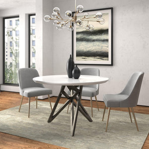 HomeRoots 47" Stylish Round Dining Table with White Wood Top & Gray Stainless Steel Cross-Leg Base, Seats 6 555176