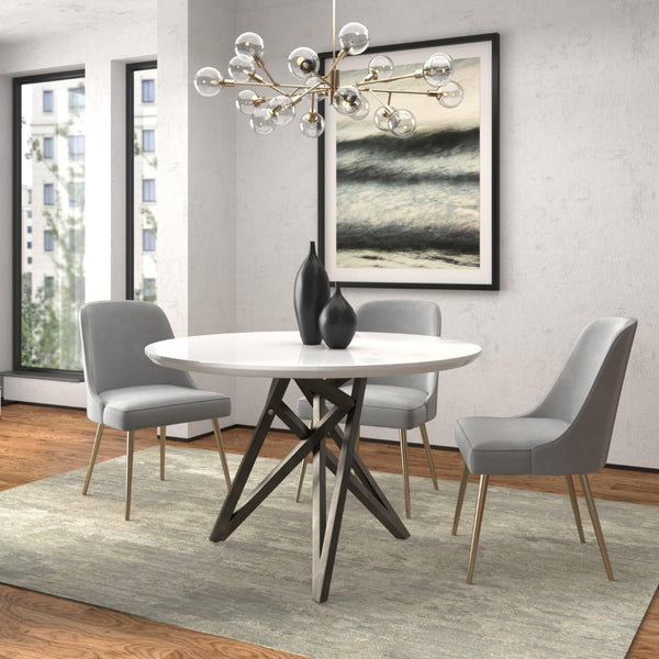 HomeRoots 47" Stylish Round Dining Table with White Wood Top & Gray Stainless Steel Cross-Leg Base, Seats 6 555176