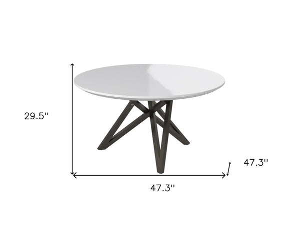 HomeRoots 47" Stylish Round Dining Table with White Wood Top & Gray Stainless Steel Cross-Leg Base, Seats 6 555176