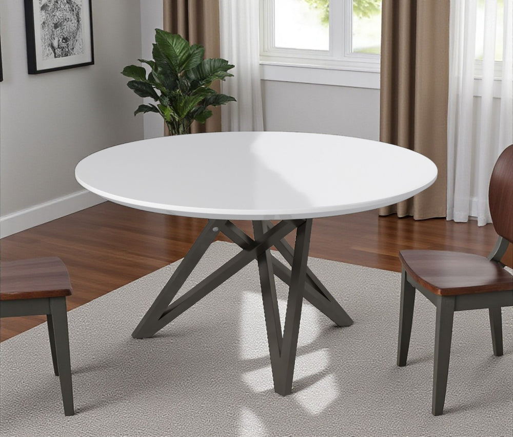 HomeRoots 47" Stylish Round Dining Table with White Wood Top & Gray Stainless Steel Cross-Leg Base, Seats 6 555176