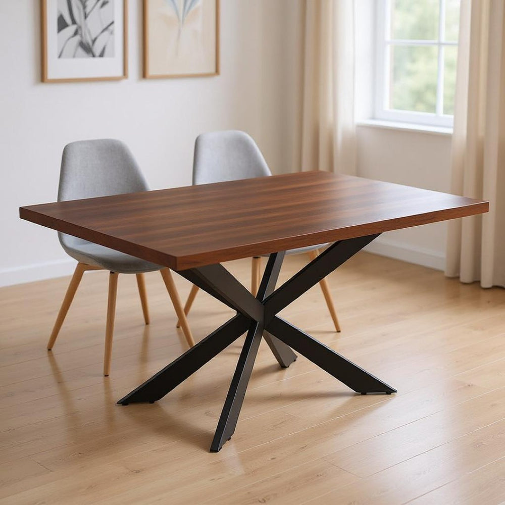 HomeRoots 81" Two-Tone Brown Wood & Black Metal Cross-Leg Dining Table for Modern Gatherings, Seats 6 555179