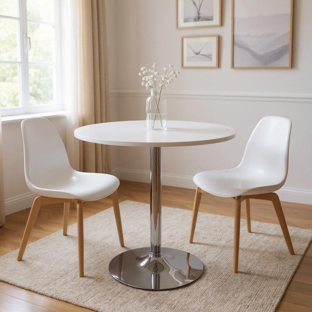 HomeRoots 36" Sleek White and Silver Round Pedestal Dining Table for Modern Spaces, Seats 6 Comfortably 555182