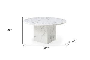 HomeRoots 60" Contemporary Gray and White Marble Round Dining Table with Sleek Pedestal Base for 6 Guests 555183