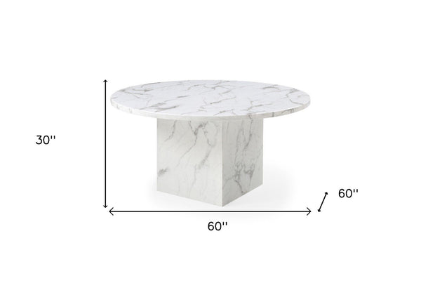 HomeRoots 60" Contemporary Gray and White Marble Round Dining Table with Sleek Pedestal Base for 6 Guests 555183