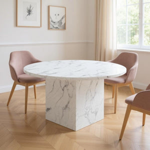 HomeRoots 60" Contemporary Gray and White Marble Round Dining Table with Sleek Pedestal Base for 6 Guests 555183