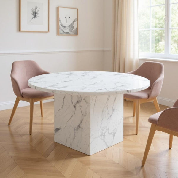 HomeRoots 60" Contemporary Gray and White Marble Round Dining Table with Sleek Pedestal Base for 6 Guests 555183