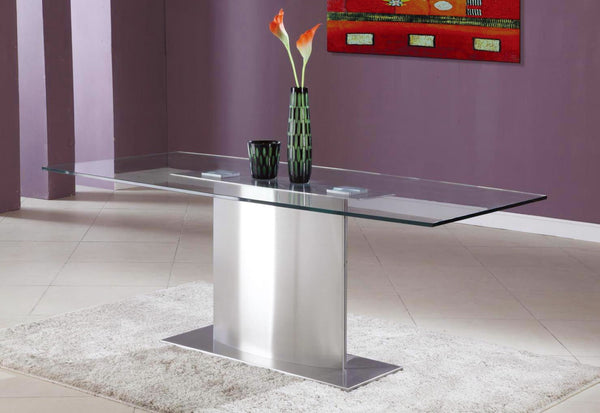 HomeRoots 71" Clear Glass and Silver Metal Pedestal Dining Table - Modern Design for Stylish Entertaining! 555184