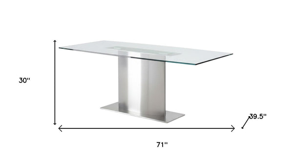 HomeRoots 71" Clear Glass and Silver Metal Pedestal Dining Table - Modern Design for Stylish Entertaining! 555184