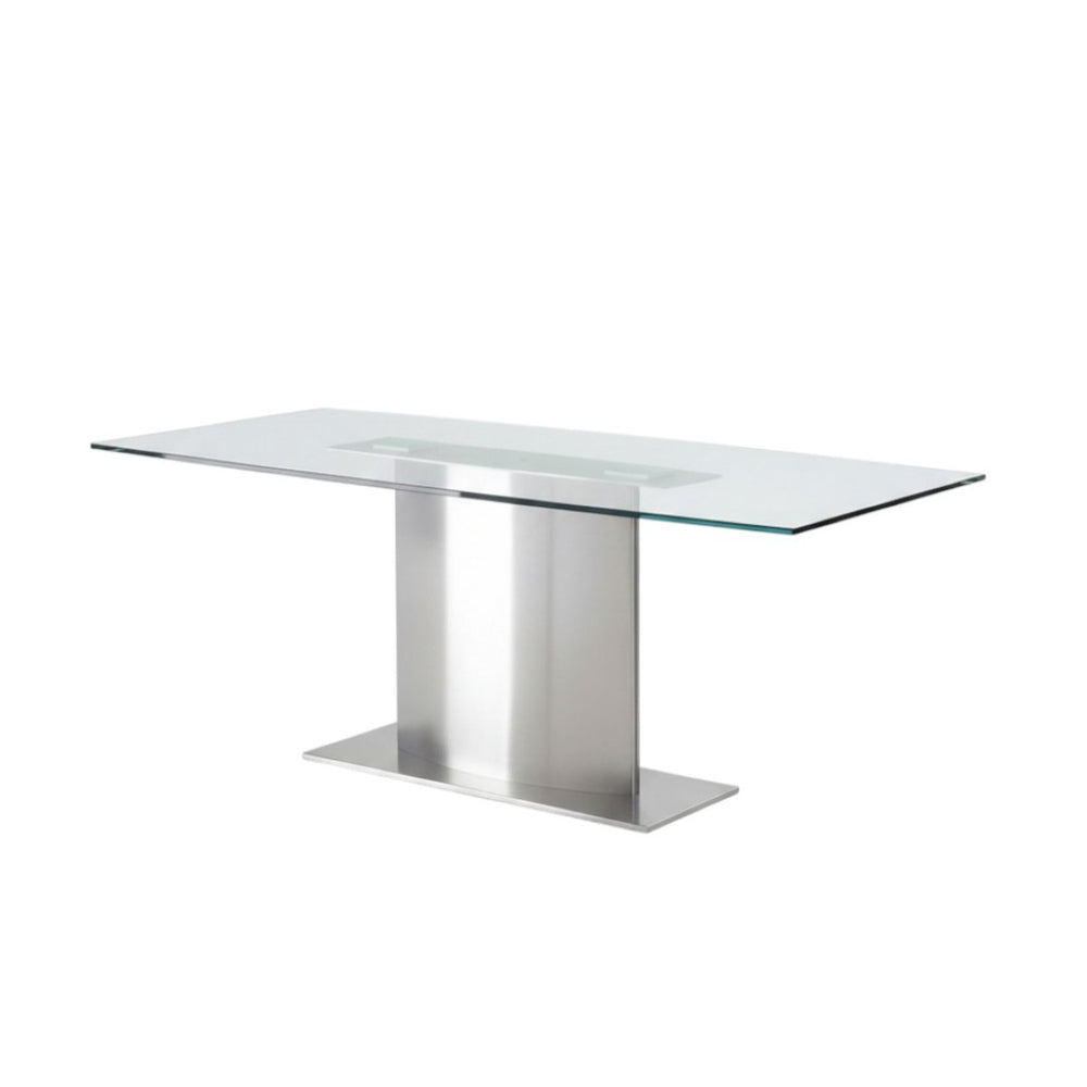 HomeRoots 71" Clear Glass and Silver Metal Pedestal Dining Table - Modern Design for Stylish Entertaining! 555184