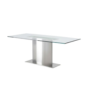 HomeRoots 71" Clear Glass and Silver Metal Pedestal Dining Table - Modern Design for Stylish Entertaining! 555184