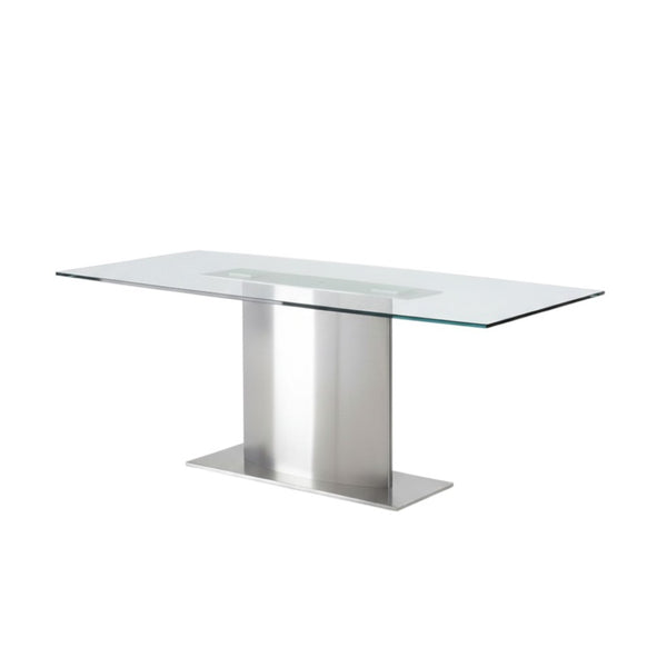 HomeRoots 71" Clear Glass and Silver Metal Pedestal Dining Table - Modern Design for Stylish Entertaining! 555184