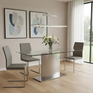 HomeRoots 71" Clear Glass and Silver Metal Pedestal Dining Table - Modern Design for Stylish Entertaining! 555184