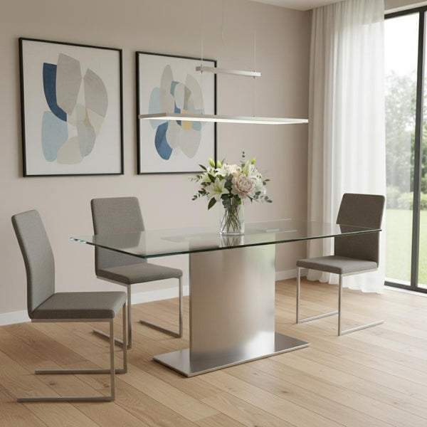 HomeRoots 71" Clear Glass and Silver Metal Pedestal Dining Table - Modern Design for Stylish Entertaining! 555184