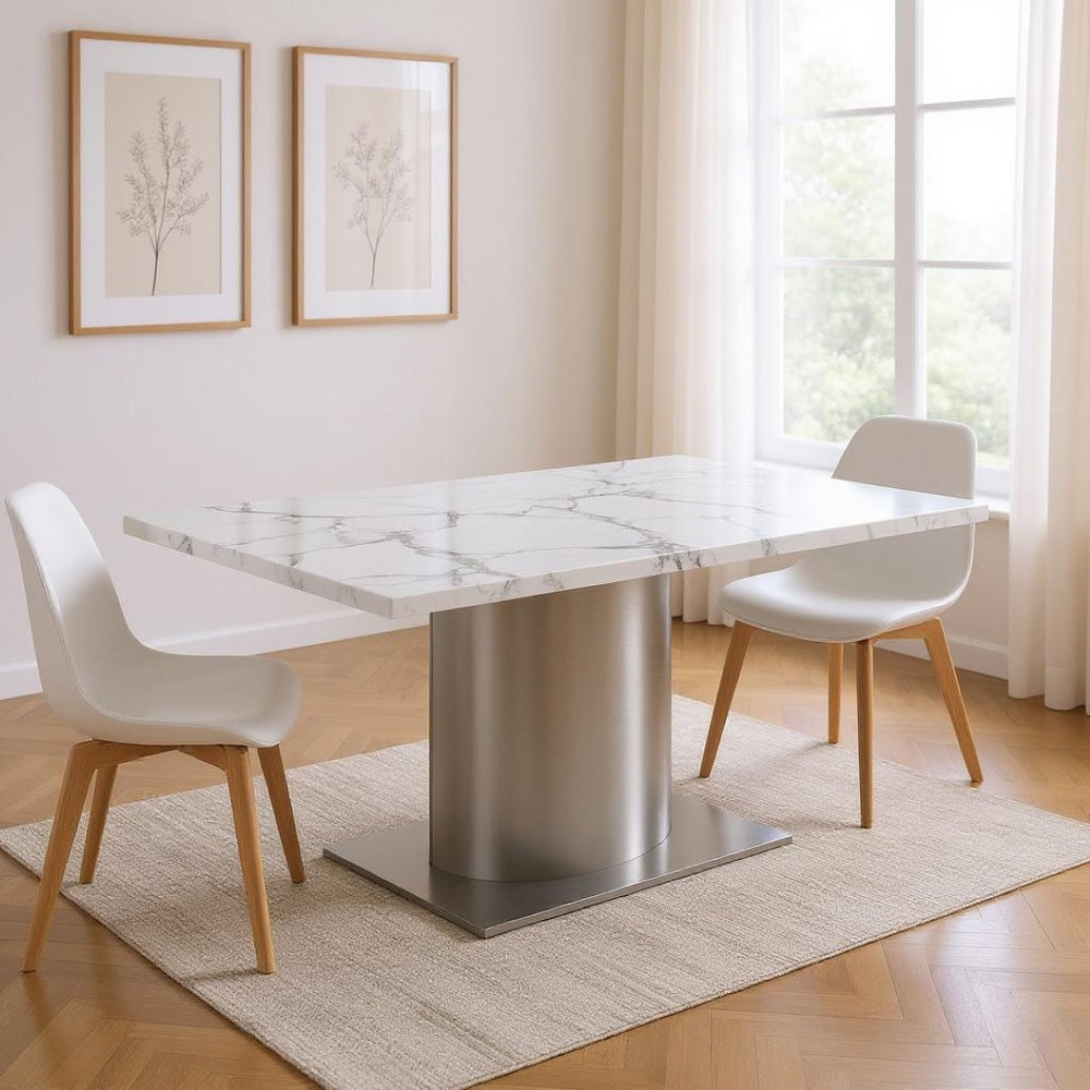 HomeRoots 72" Marble Dining Table with Stainless Steel Pedestal Base - Modern Elegance for Any Space 555185