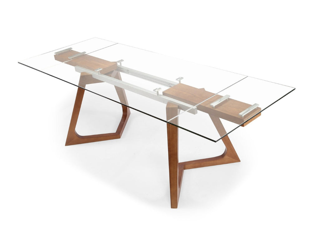 HomeRoots 63" Clear Glass Dining Table with Brown Metal Base - Expandable Leaf Design for Stylish Dining Experience 555186