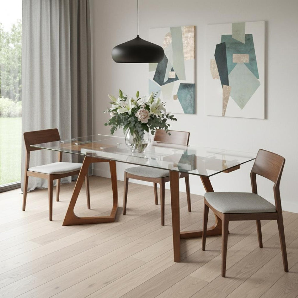 HomeRoots 63" Clear Glass Dining Table with Brown Metal Base - Expandable Leaf Design for Stylish Dining Experience 555186