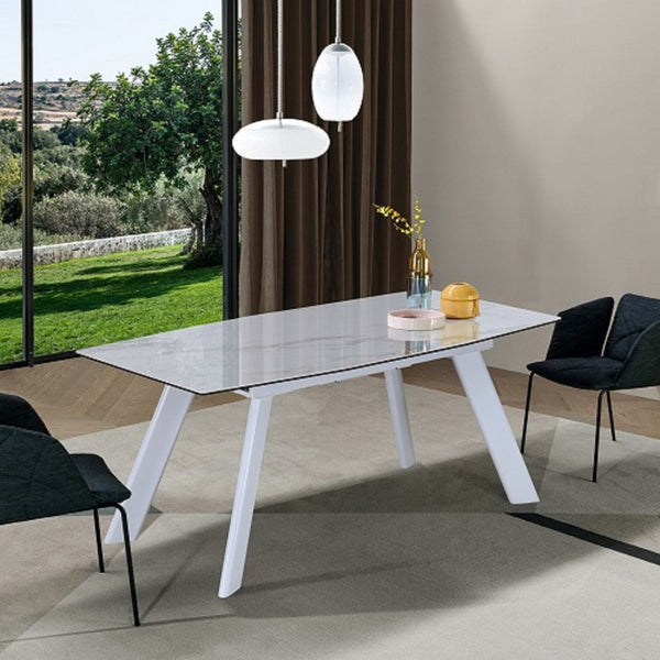 HomeRoots 71" Elegant Gray and White Ceramic Extendable Dining Table with Metal Base for Versatile Spaces 555187