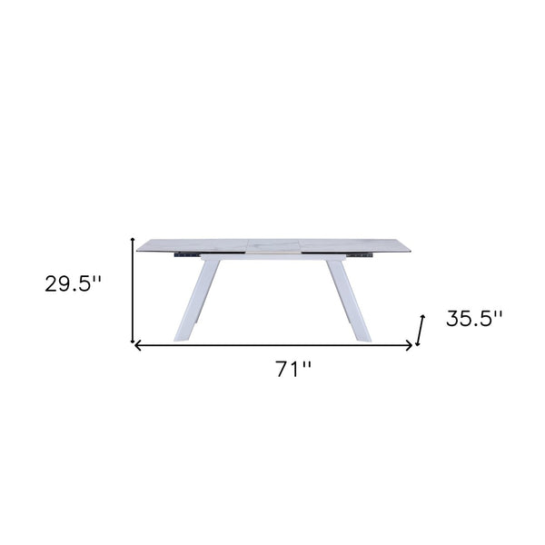 HomeRoots 71" Elegant Gray and White Ceramic Extendable Dining Table with Metal Base for Versatile Spaces 555187