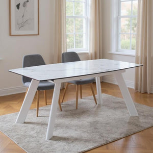 HomeRoots 71" Elegant Gray and White Ceramic Extendable Dining Table with Metal Base for Versatile Spaces 555187