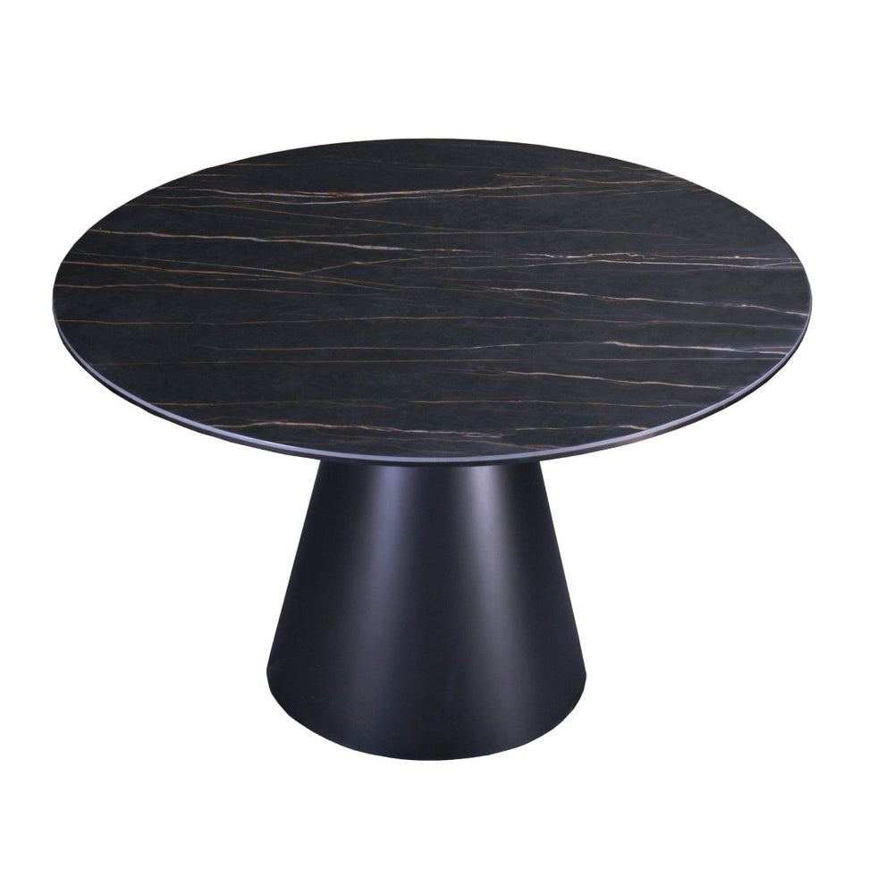 HomeRoots 47" Modern Black Ceramic Round Dining Table with Sturdy Metal Pedestal Base - Seats 6, Stylish Design 555188