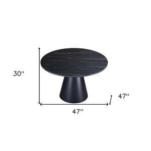 HomeRoots 47" Modern Black Ceramic Round Dining Table with Sturdy Metal Pedestal Base - Seats 6, Stylish Design 555188