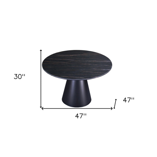 HomeRoots 47" Modern Black Ceramic Round Dining Table with Sturdy Metal Pedestal Base - Seats 6, Stylish Design 555188